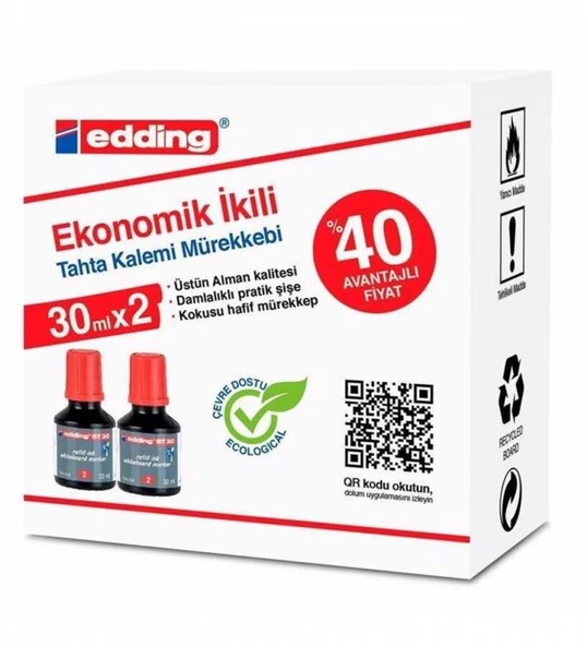 Edding Tahta Kalem Mürekkebi Damlalıklı Ekonomik 30 ML Kırmızı 2 Li BT30