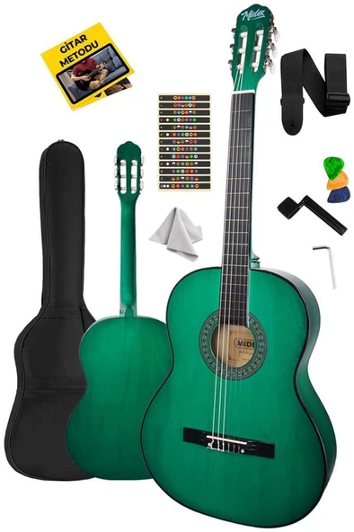 Midex CG-270GR Yeşil Renk Klasik Gitar 4/4 Yetişkin Boy Sap Ayarlı Full Set ürün görseli 1