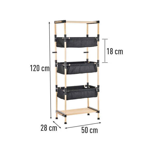 Kosova SEO-5003 Ahşap 3 Katlı  Kumaş Sepetli Raf (120*50*28)