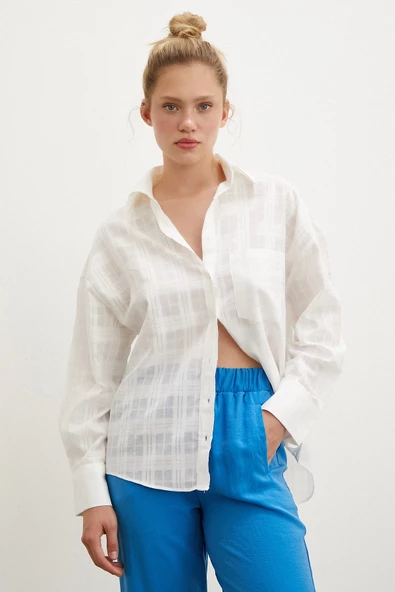 Kareli Poplin Gömlek Beyaz ürün görseli