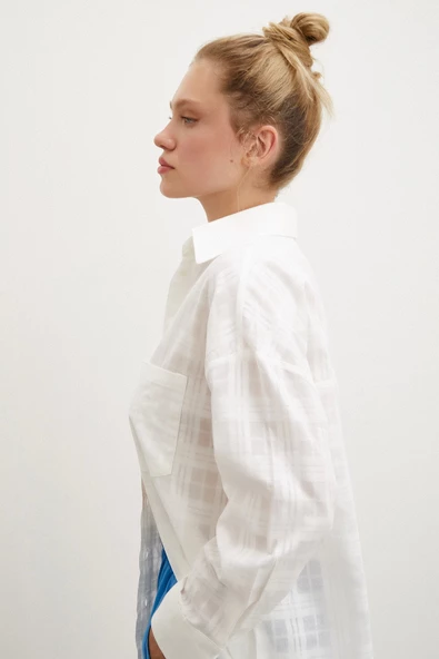 Kareli Poplin Gömlek Beyaz - Resim 6