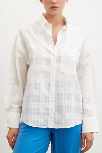 Kareli Poplin Gömlek Beyaz - Resim 2