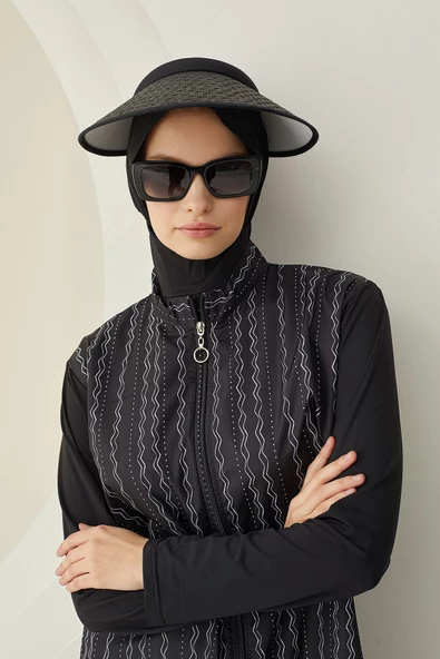 Siyah Çizgi Desenli Dokuma Tesettür Mayo - Resim 2