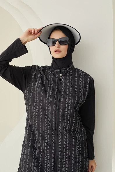 Siyah Çizgi Desenli Dokuma Tesettür Mayo - Resim 3