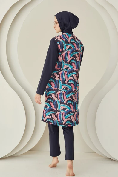 Renkli Yaprak Desenli Dokuma Tesettür Mayo - Resim 3