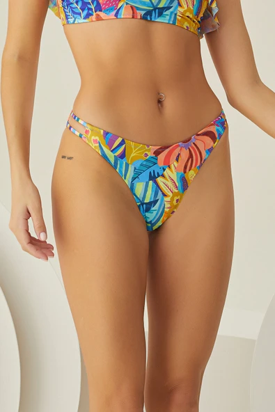 Renkli Fresh Flower Dekolteli Tek Alt Bikini