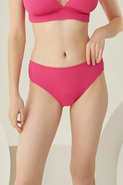 Fuşya Reps Yüksek Bel Tek Alt Bikini - Resim 4