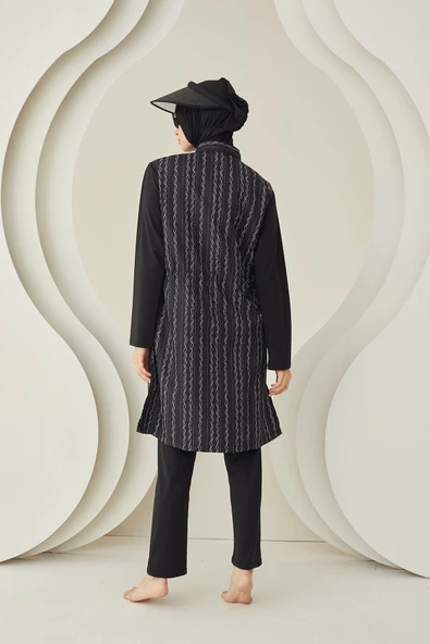 Siyah Çizgi Desenli Dokuma Tesettür Mayo - Resim 4