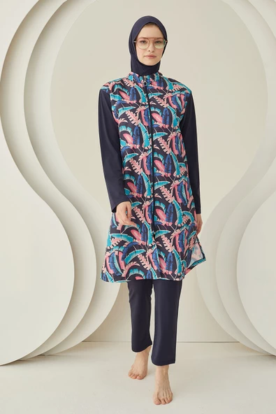 Renkli Yaprak Desenli Dokuma Tesettür Mayo - Resim 2