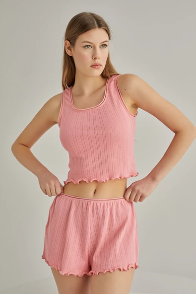 Pembe Self Patterned Crop Şort Takım