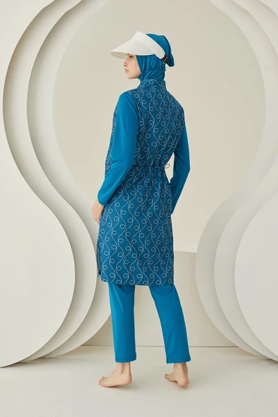 Petrol İp Desenli Dokuma Tesettür Mayo - Resim 3