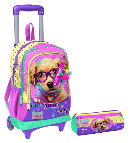 Coral High Sarı Pembe Sevimli Köpek Işıklı Tekerlekli Çekçek Çanta ve Kalemlik Seti - Kız Çocuk