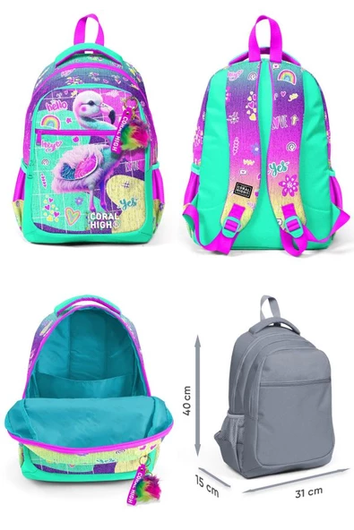 Coral High İlkokul Sırt Çantası ve Kalemlik Seti - Kız Çocuk - Pembe Su Yeşili Flamingo - Resim 2