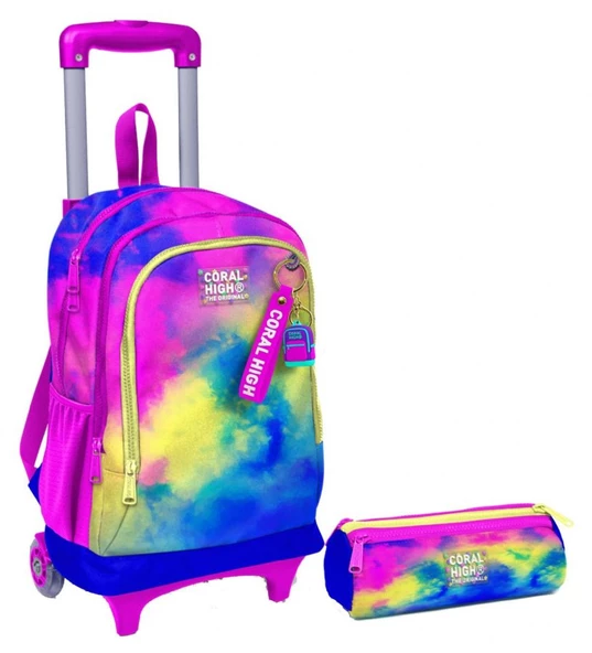 Coral High Renkli Batik Işıklı Tekerlekli Çekçek Çanta ve Kalemlik Seti - Kız Çocuk ürün görseli 1