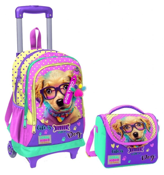 Coral High Sarı Pembe Sevimli Köpek Işıklı Tekerlekli Okul Çantası ve Beslenme Seti - Kız Çocuk ürün görseli