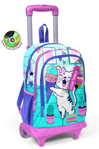 Coral High Işıklı Tekerlekli Turkuaz Pembe Dondurmalı Kedi Çekçek Okul Çantası - Kız Çocuk