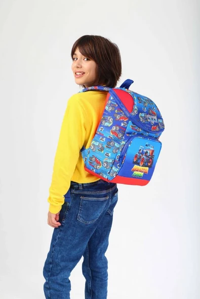 Kaukko Kids Mavi Kırmızı Kamyon Erkek Çocuk Okul Sırt Çantası - Benzersiz Tasarım - Resim 3