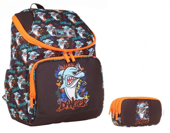 Kaukko Siyah Turuncu Köğekbalığı Okul Sırt Çantası ve Kalemlik Seti - Erkek Çocuk ürün görseli