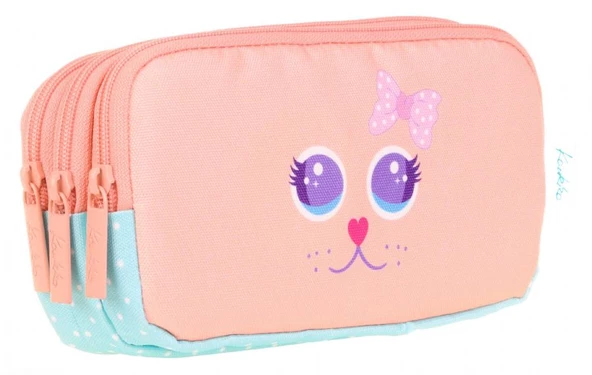 Kaukko Üç Bölmeli Sevimli Kedi Çok Renkli Kız Çocuk Kalem Çantası ürün görseli