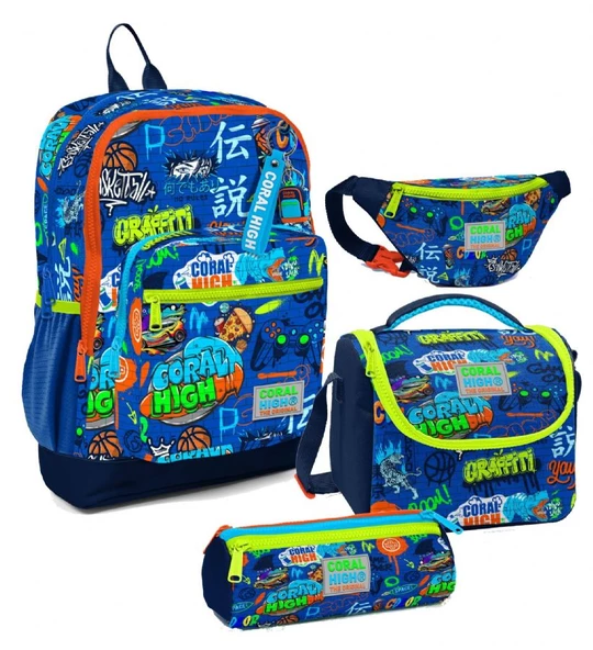 Coral High Erkek Çocuk Saks Grafiti Desenli İlkokul Okul Çanta Seti ve Bel Çantası