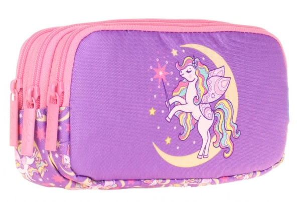 Kaukko Üç Bölmeli Mor Unicorn Kız Çocuk Kalem Çantası