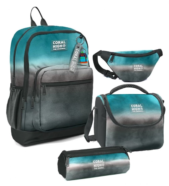 Coral High Erkek Çocuk Turkuaz Gri Batik Desenli İlkokul Okul Çanta Seti ve Bel Çantası ürün görseli