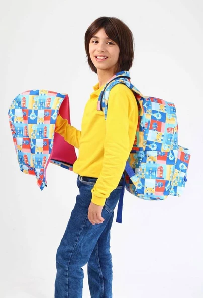 Kaukko Kids Mavi Çok Renkli Robot Erkek Çocuk Okul Sırt Çantası - Yağmurluk Özellikli ürün görseli