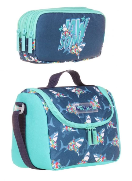 Kaukko Erkek Çocuk Isı Yalıtımlı Beslenme Çantası ve Kalemlik Seti - Mavi Turkuaz Jaws ürün görseli