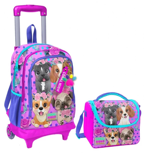 Coral High Pembe Köpek Işıklı Tekerlekli Okul Çantası ve Beslenme Seti - Kız Çocuk