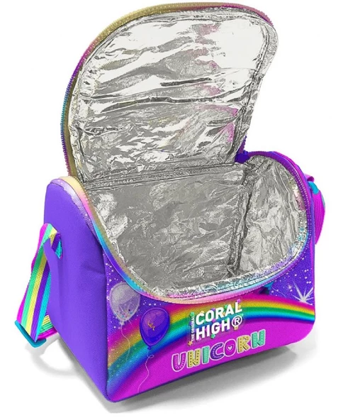 Coral High Üç Gözlü İlkokul ve Ortaokul Çanta Seti - Kız Çocuk - Mor Simli Unicorn Desenli - Resim 3