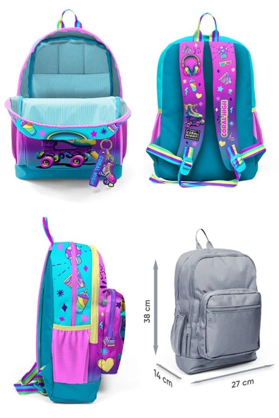 Coral High Kız Çocuk Pembe Turkuaz Kulaklık Paten Desenli İlkokul Okul Çanta Seti ve Bel Çantası - 2