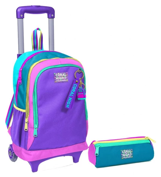 Coral High Pembe Pastel Renkli Işıklı Tekerlekli Çekçek Çanta ve Kalemlik Seti - Kız Çocuk