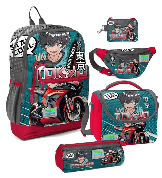 Coral High Erkek Çocuk Gri Nefti Anime Motorsiklet Desenli Beşli İlkokul Okul Çanta Seti ürün görseli 1