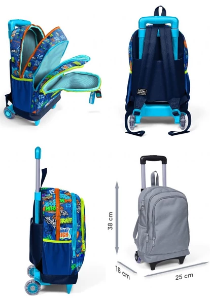 Coral High Saks Grafiti Işıklı Tekerlekli Okul Çantası ve Beslenme Seti - Erkek Çocuk - Resim 2