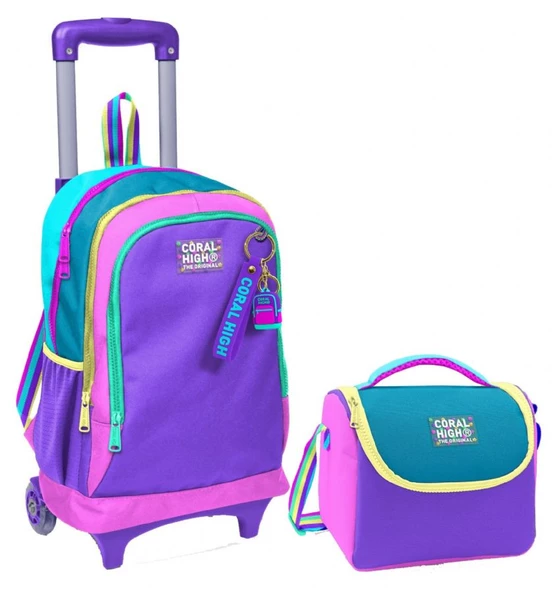Coral High Pembe Pastel Renkli Işıklı Tekerlekli Okul Çantası ve Beslenme Seti - Kız Çocuk ürün görseli