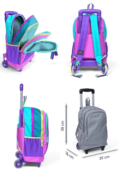 Coral High Pembe Pastel Renkli Işıklı Tekerlekli Okul Çantası ve Beslenme Seti - Kız Çocuk - Resim 2