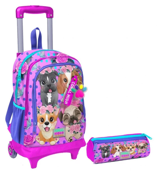 Coral High Pembe Köpek Işıklı Tekerlekli Çekçek Çanta ve Kalemlik Seti - Kız Çocuk