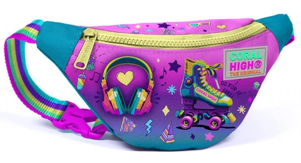 Coral High Kız Çocuk Pembe Turkuaz Kulaklık Paten Desenli İlkokul Okul Çanta Seti ve Bel Çantası - 5