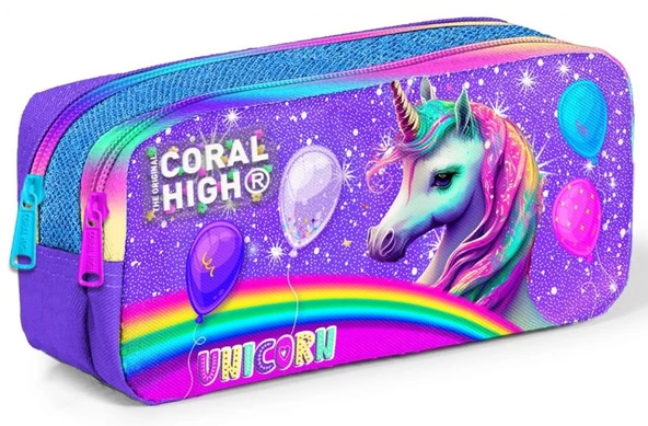 Coral High Üç Gözlü İlkokul ve Ortaokul Çanta Seti - Kız Çocuk - Mor Simli Unicorn Desenli - Resim 4