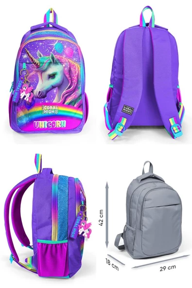 Coral High Üç Gözlü İlkokul ve Ortaokul Çanta Seti - Kız Çocuk - Mor Simli Unicorn Desenli - Resim 2