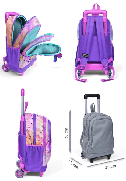 Coral High Pembe Mor Fashion Girl Işıklı Tekerlekli Çekçek Çanta ve Kalemlik Seti - Kız Çocuk - 2