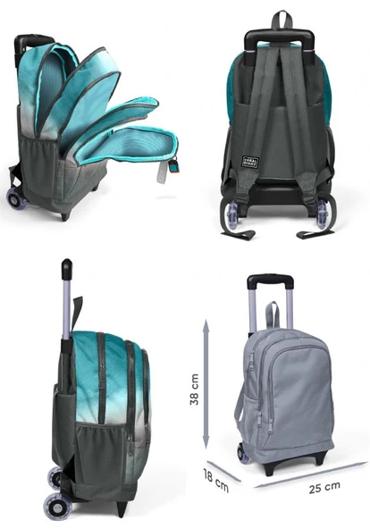 Coral High Turkuaz Gri Batik Işıklı Tekerlekli Okul Çantası ve Beslenme Seti - Erkek Çocuk - Resim 2