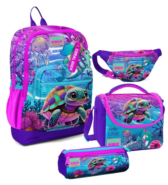Coral High Kız Çocuk Pembe Mor Kaplumbağa Desenli İlkokul Okul Çanta Seti ve Bel Çantası ürün görseli
