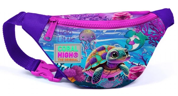 Coral High Kız Çocuk Pembe Mor Kaplumbağa Desenli İlkokul Okul Çanta Seti ve Bel Çantası - Resim 5