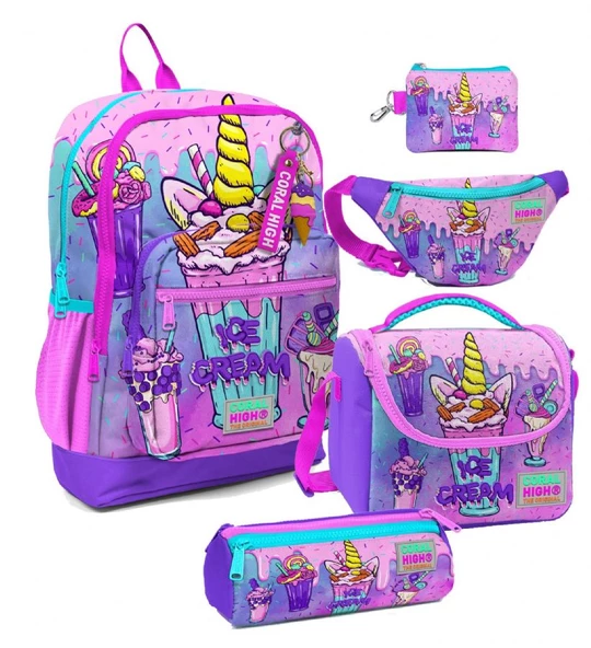 Coral High Kız Çocuk Pembe Mor Dondurma Desenli Beşli İlkokul Okul Çanta Seti ürün görseli