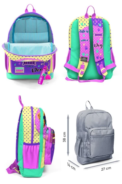 Coral High Kız Çocuk Sarı Pembe Sevimli Köpek Desenli İlkokul Okul Çanta Seti ve Bel Çantası - Resim 2