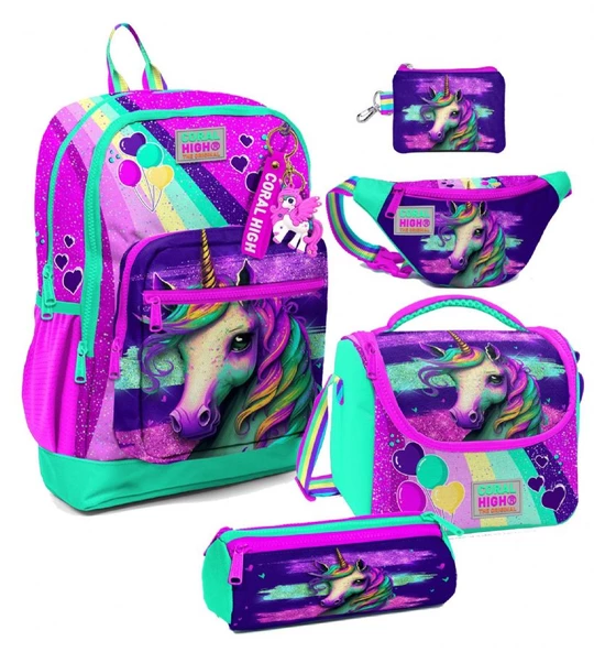Coral High Kız Çocuk Pembe Su Yeşili Unicorn Desenli Beşli İlkokul Okul Çanta Seti