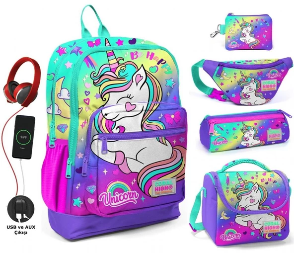 Coral High Su Yeşili Lavanta Unicorn USB Soketli Beşli Okul Çantası Seti - Kız Çocuk