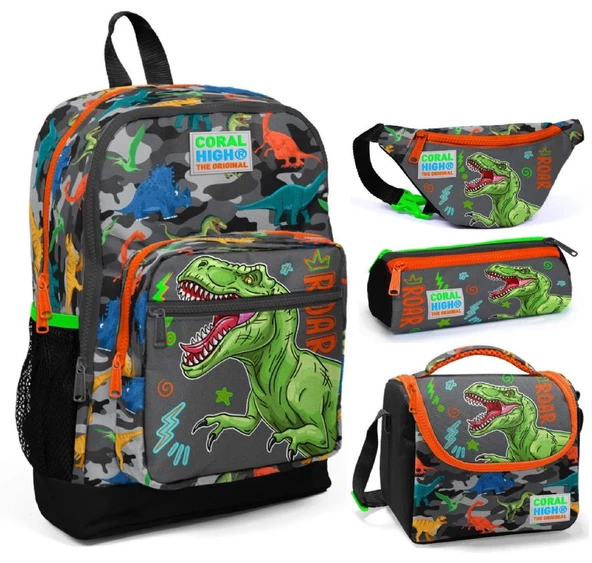 Coral High Gri Yeşil Dinazor Üçlü Okul Çantası ve Bel Çantası Seti ürün görseli