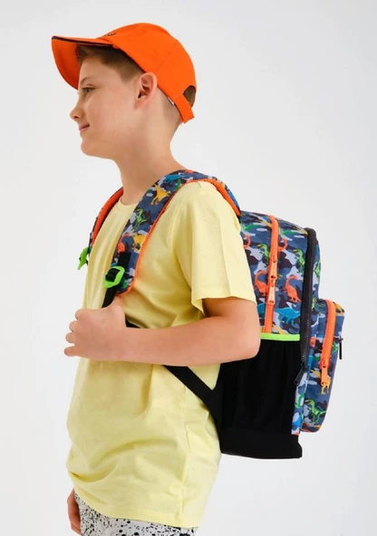 Coral High Gri Yeşil Dinazor Üçlü Okul Çantası ve Bel Çantası Seti - Resim 2